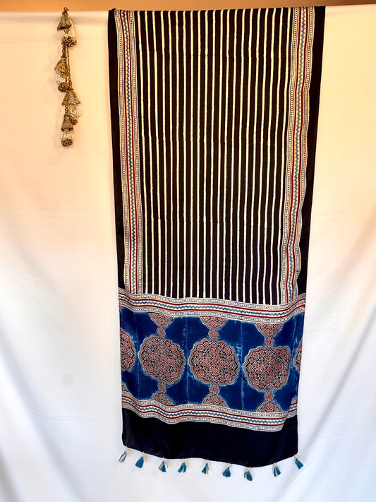 Black Ajrakh Modal Silk Stole – Hand Block with Natural Dyes-LAKEER