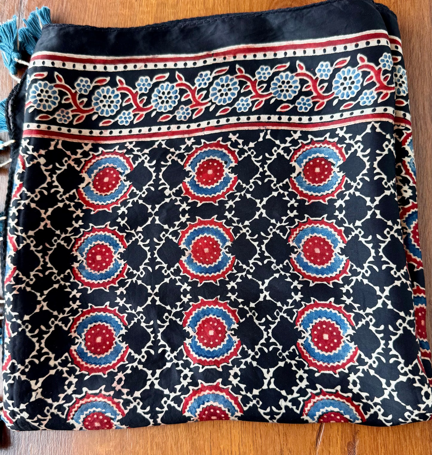 Black Red Ajrakh Modal Silk Stole – Hand Block with Natural Dyes-LAL GOL