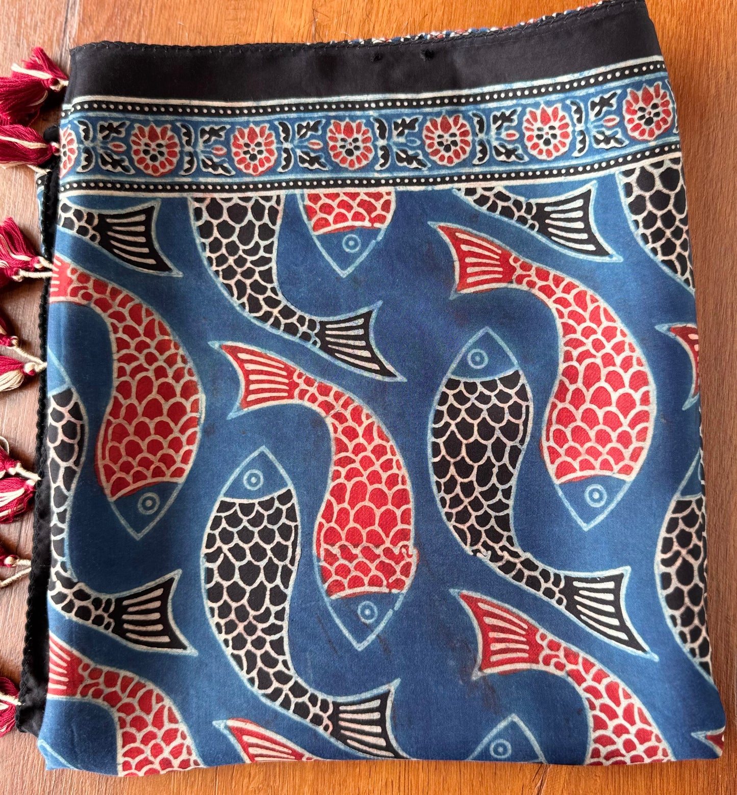 Indigo Ajrakh Modal Silk Stole – Hand Block with Natural Dyes-FISH
