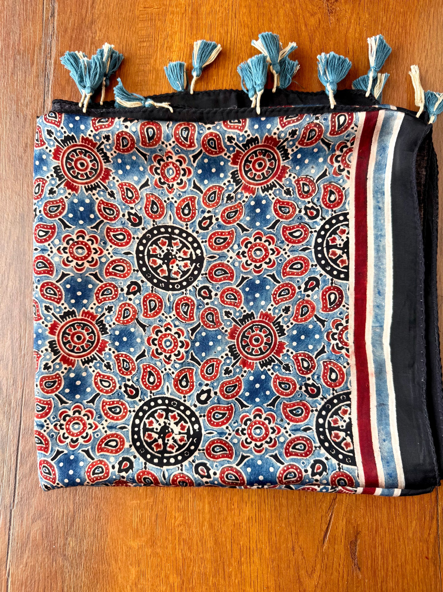 Indigo Ajrakh Modal Silk Stole – Hand Block with Natural Dyes-POORA Chand