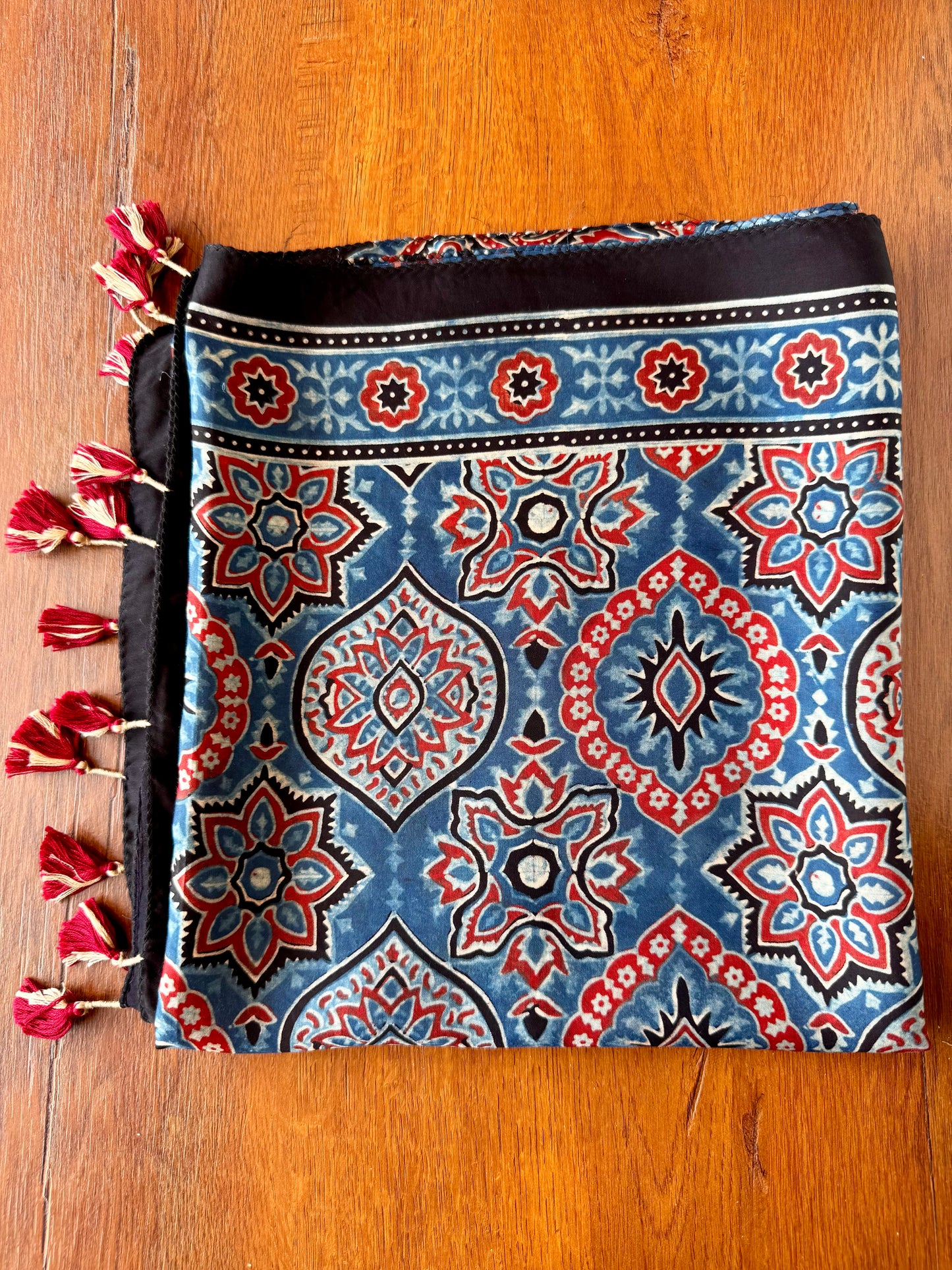 Indigo Ajrakh Modal Silk Stole – Hand Block with Natural Dyes-OVAL