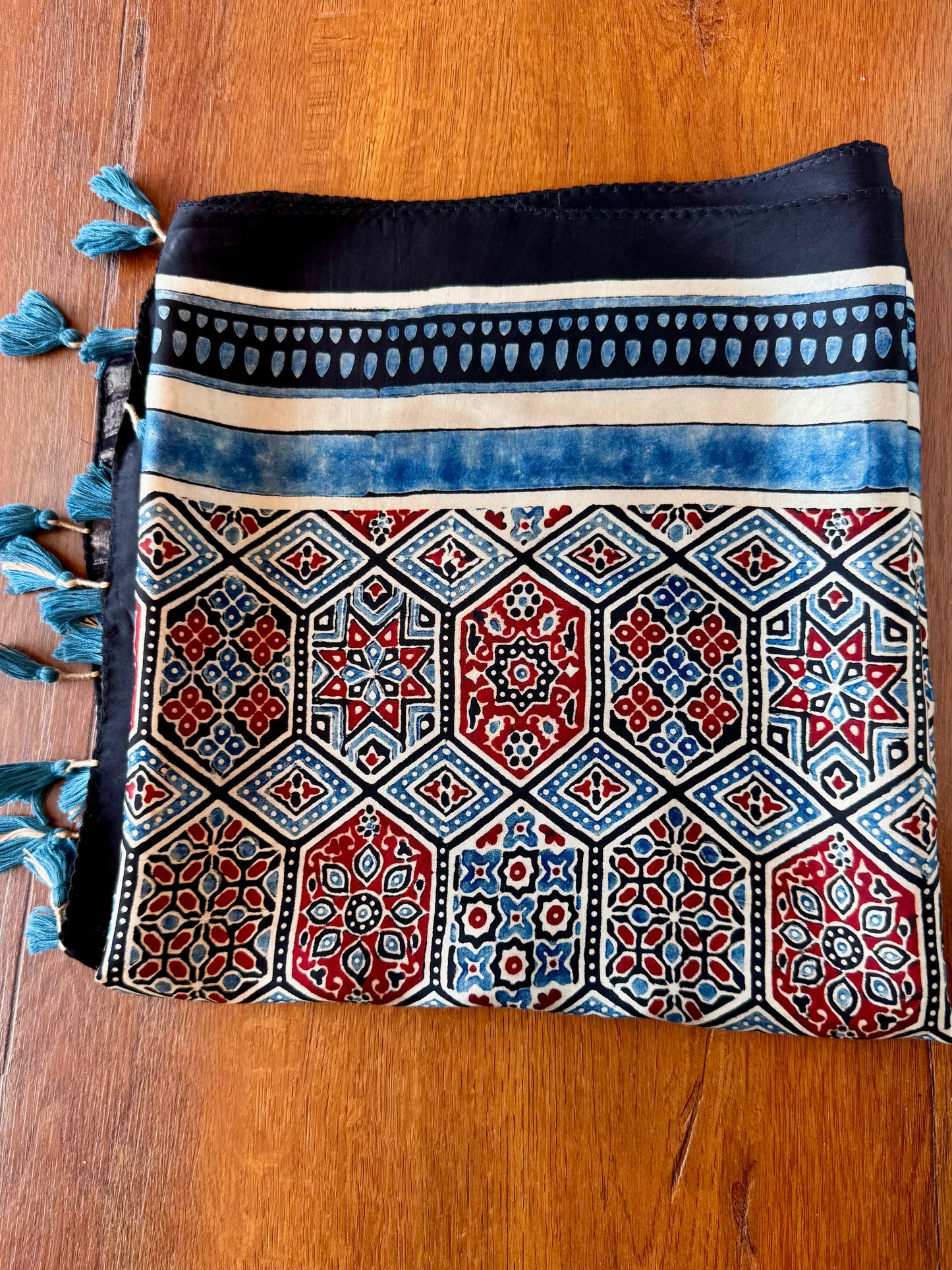 Indigo Ajrakh Modal Silk Stole – Hand Block with Natural Dyes-HEXA