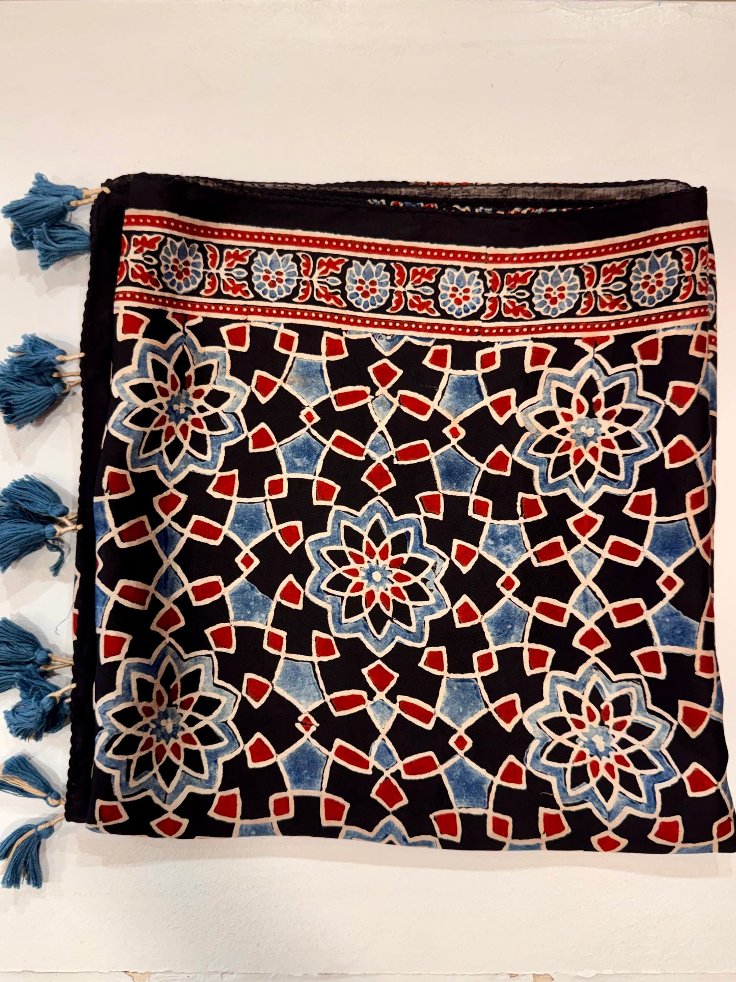 Black and Red Ajrakh Modal Silk Stole – Hand Block with Natural Dyes- TAARE