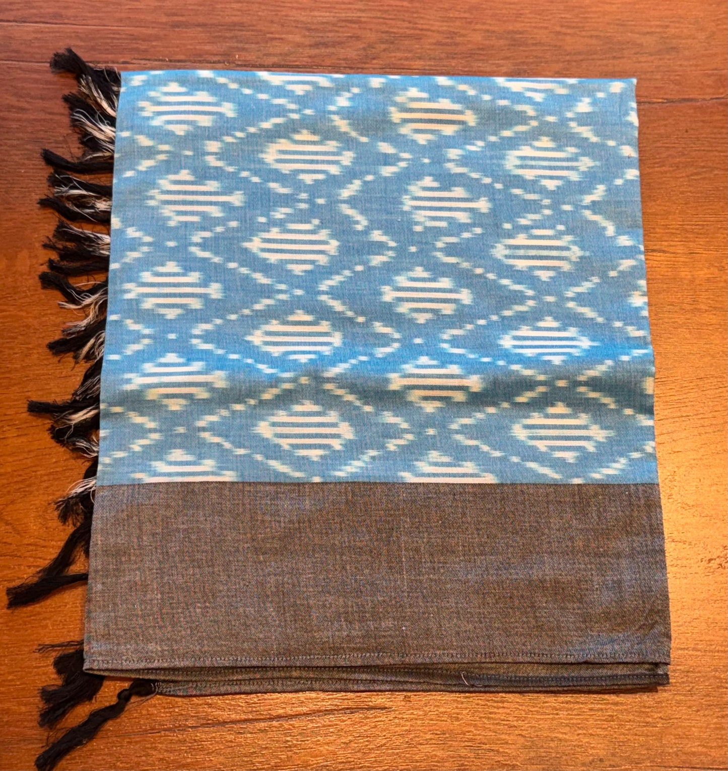 Blue with Grey Border Ikat Cotton Handwoven Stole with tassles- NEELA