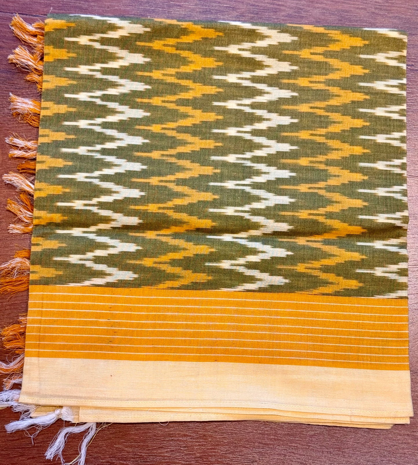 Yellow with Orange Border Ikat Cotton Handwoven Stole with tassles-PEELA