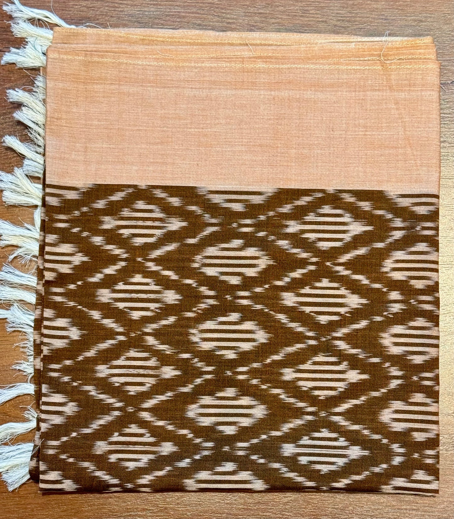 Brown with peach Border Ikat Cotton Handwoven Stole with tassles- BHOORA