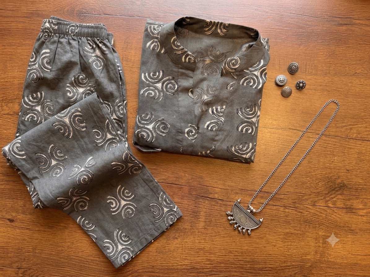 Brown Pure cotton hand blocked kurta and pant set