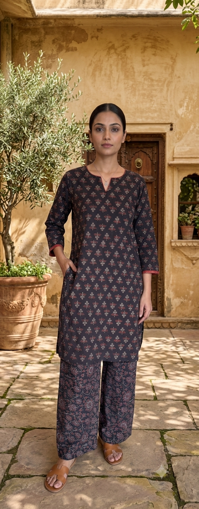 Dark brown Pure cotton hand blocked kurta and pant set