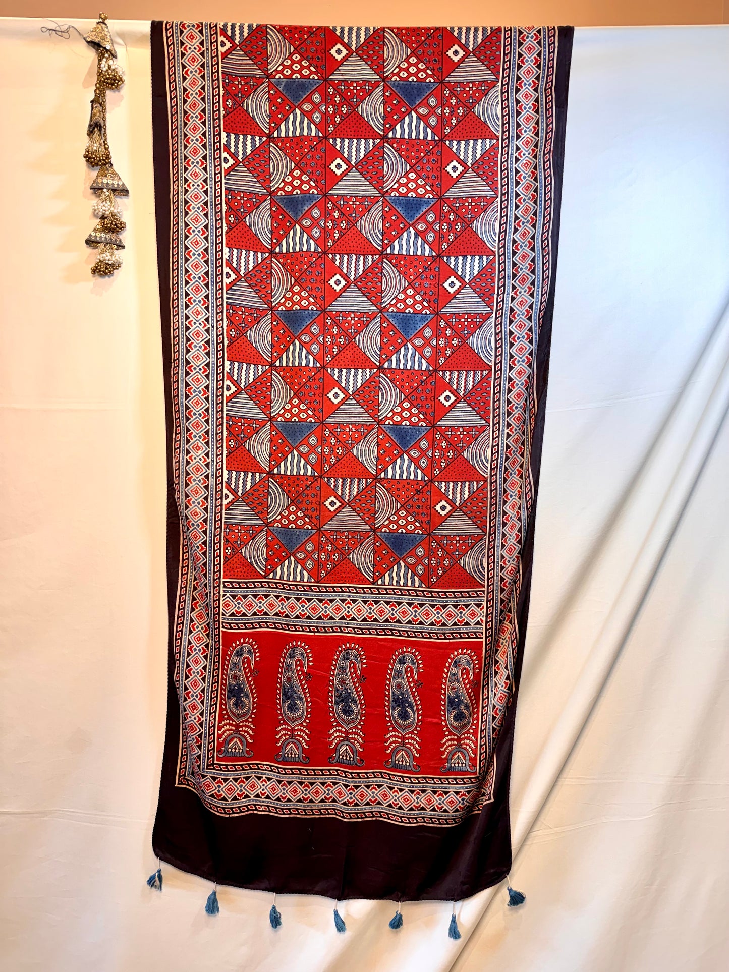 Red  Ajrakh Modal Silk Stole – Hand Block with Natural Dyes-TIKON