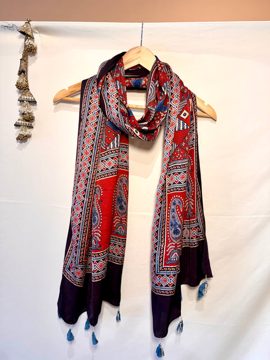 Red  Ajrakh Modal Silk Stole – Hand Block with Natural Dyes-TIKON