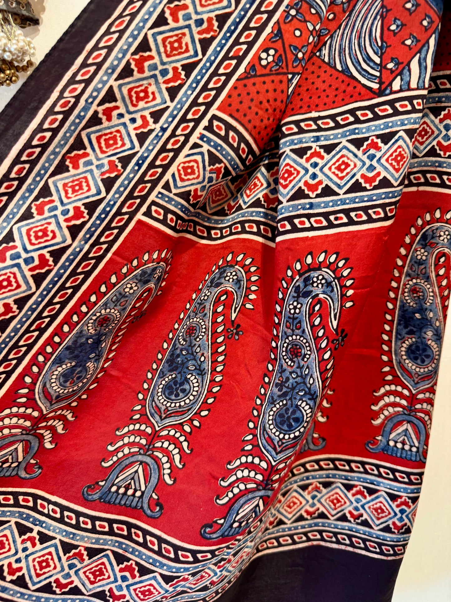 Red  Ajrakh Modal Silk Stole – Hand Block with Natural Dyes-TIKON