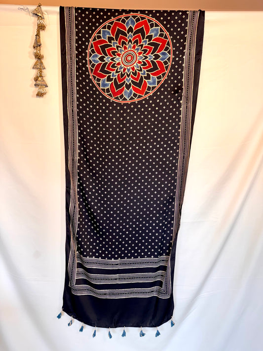 Black  Ajrakh Modal Silk Stole – Hand Block with Natural Dyes-CHKR