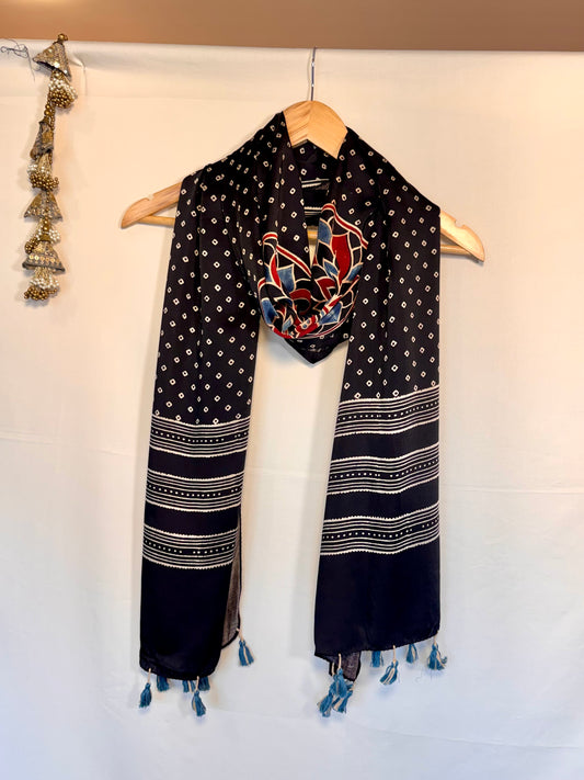 Black  Ajrakh Modal Silk Stole – Hand Block with Natural Dyes-CHKR