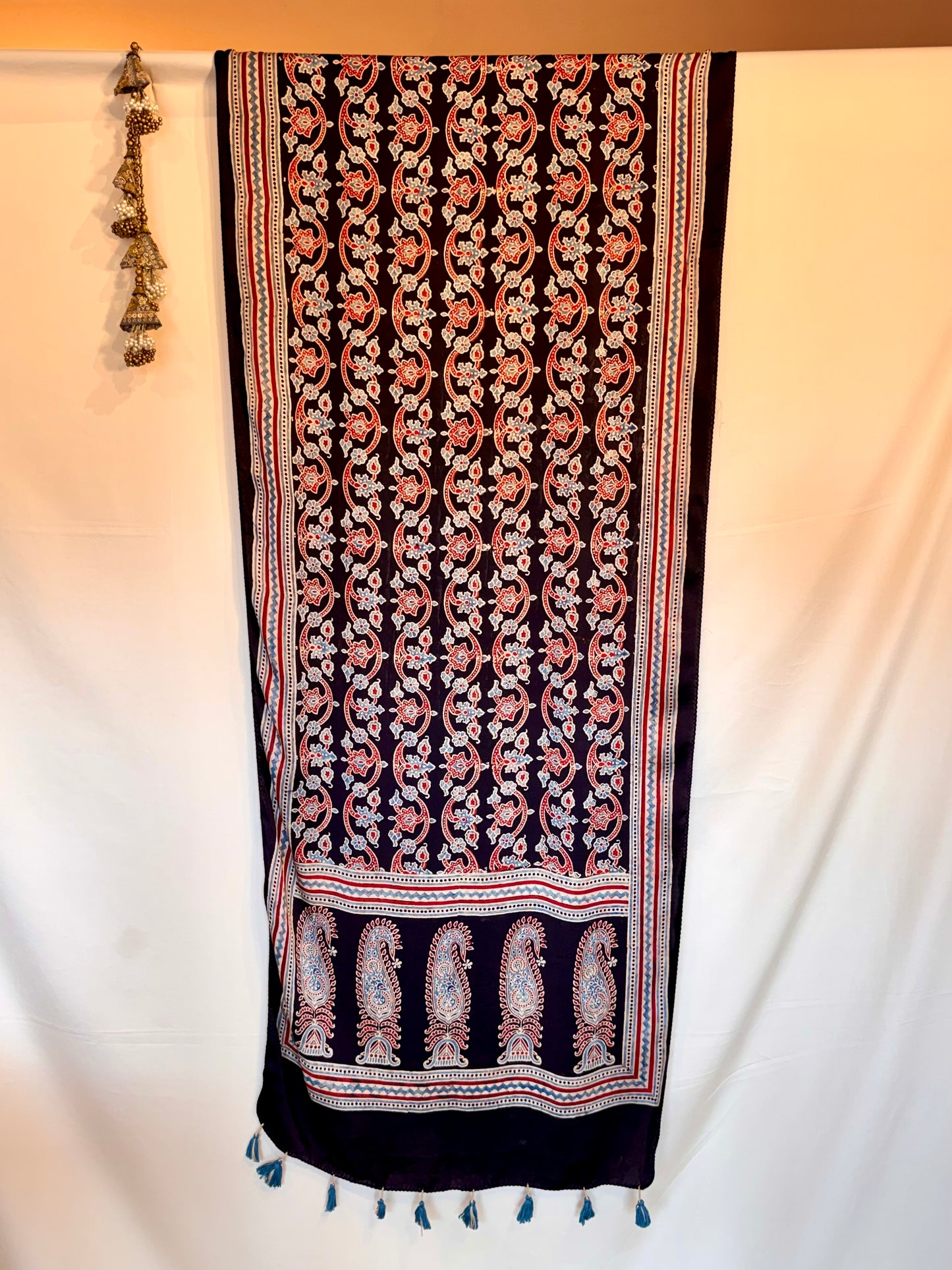 Black blue  Ajrakh Modal Silk Stole – Hand Block with Natural Dyes-PHOOL