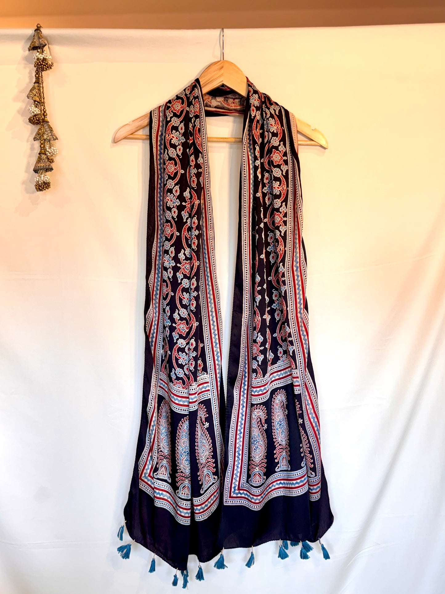Black blue  Ajrakh Modal Silk Stole – Hand Block with Natural Dyes-PHOOL