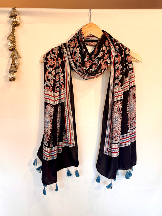 Black blue  Ajrakh Modal Silk Stole – Hand Block with Natural Dyes-PHOOL