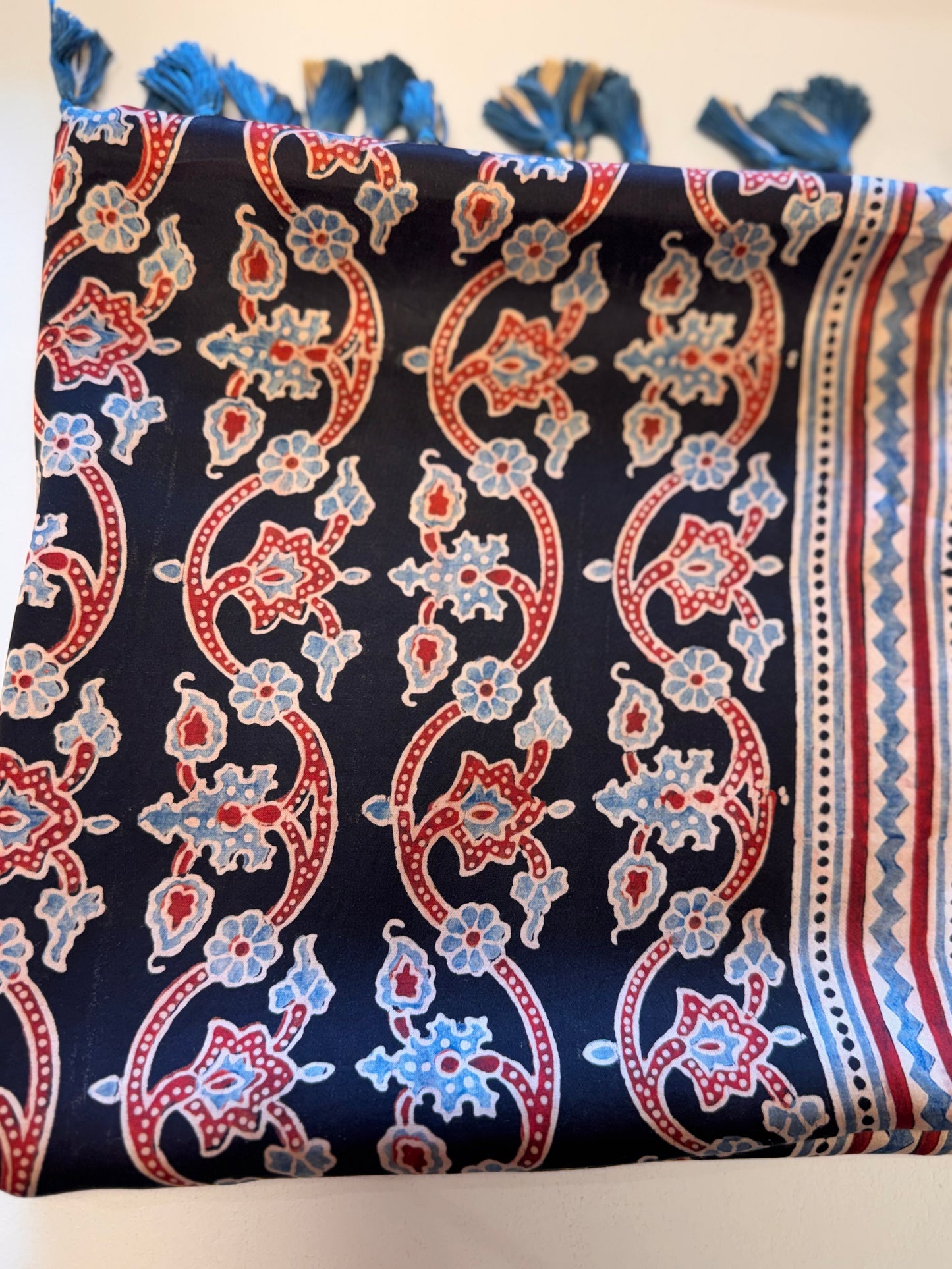 Black blue  Ajrakh Modal Silk Stole – Hand Block with Natural Dyes-PHOOL