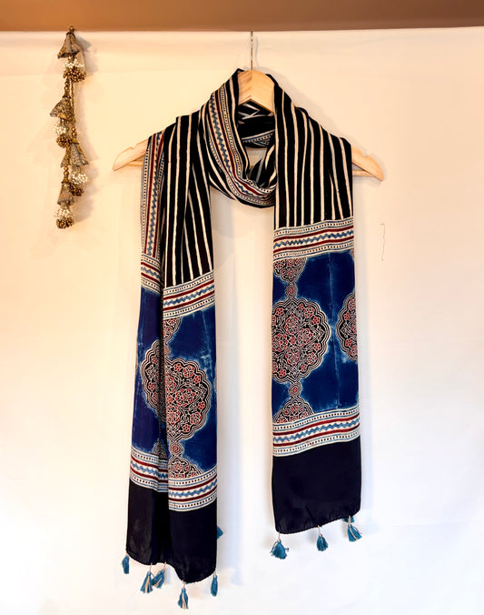 Black Ajrakh Modal Silk Stole – Hand Block with Natural Dyes-LAKEER
