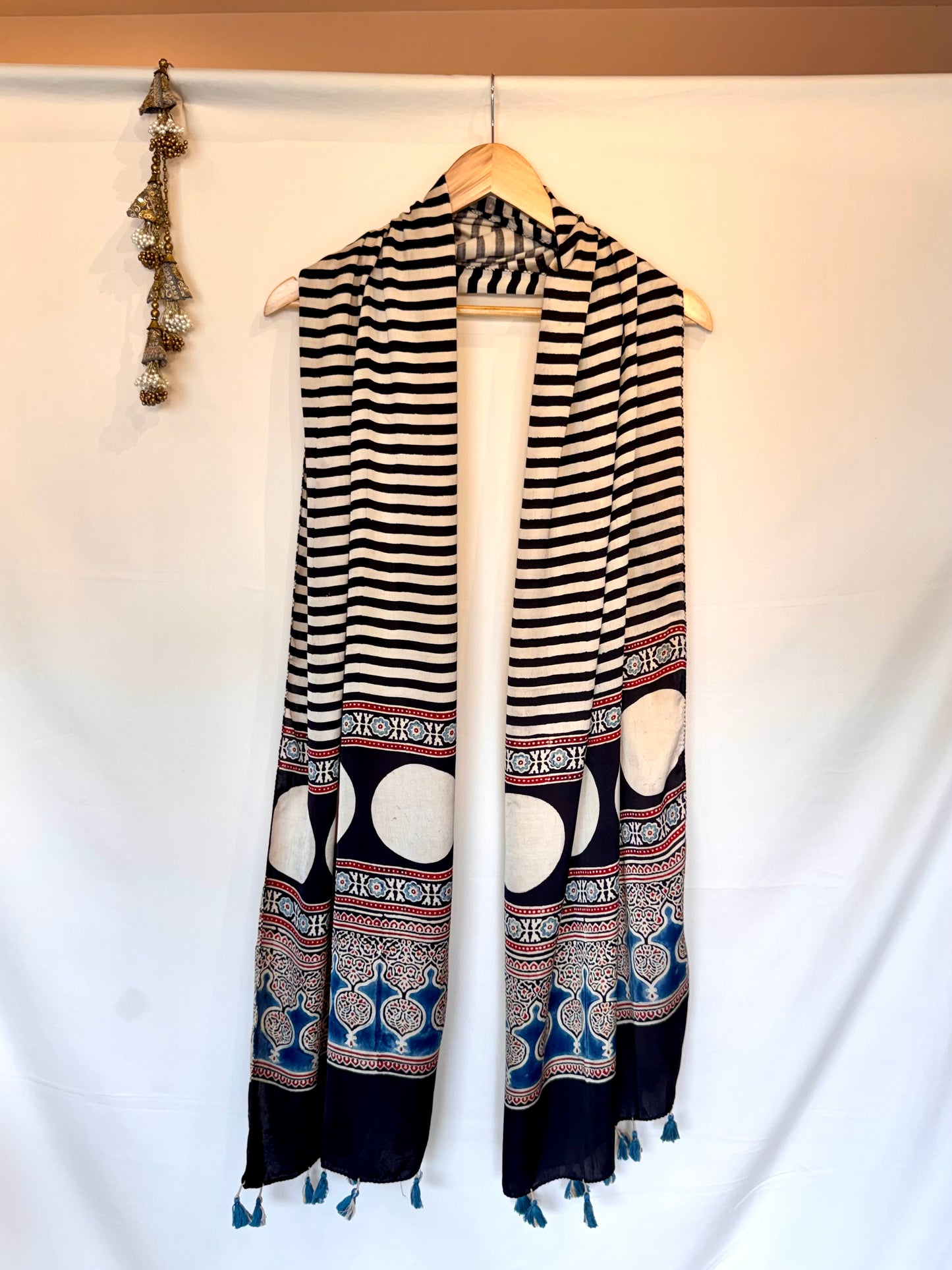 Cream Ajrakh Modal Silk Stole – Hand Block with Natural Dyes-LAKEER