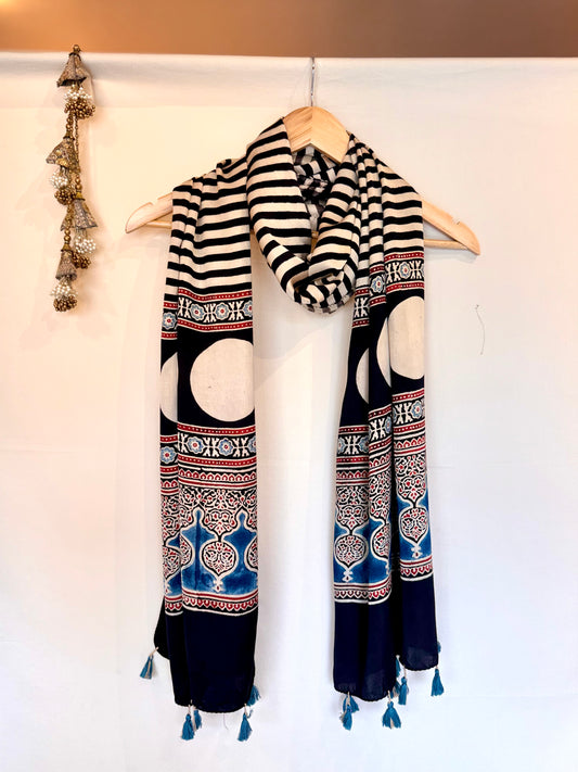 Cream Ajrakh Modal Silk Stole – Hand Block with Natural Dyes-LAKEER