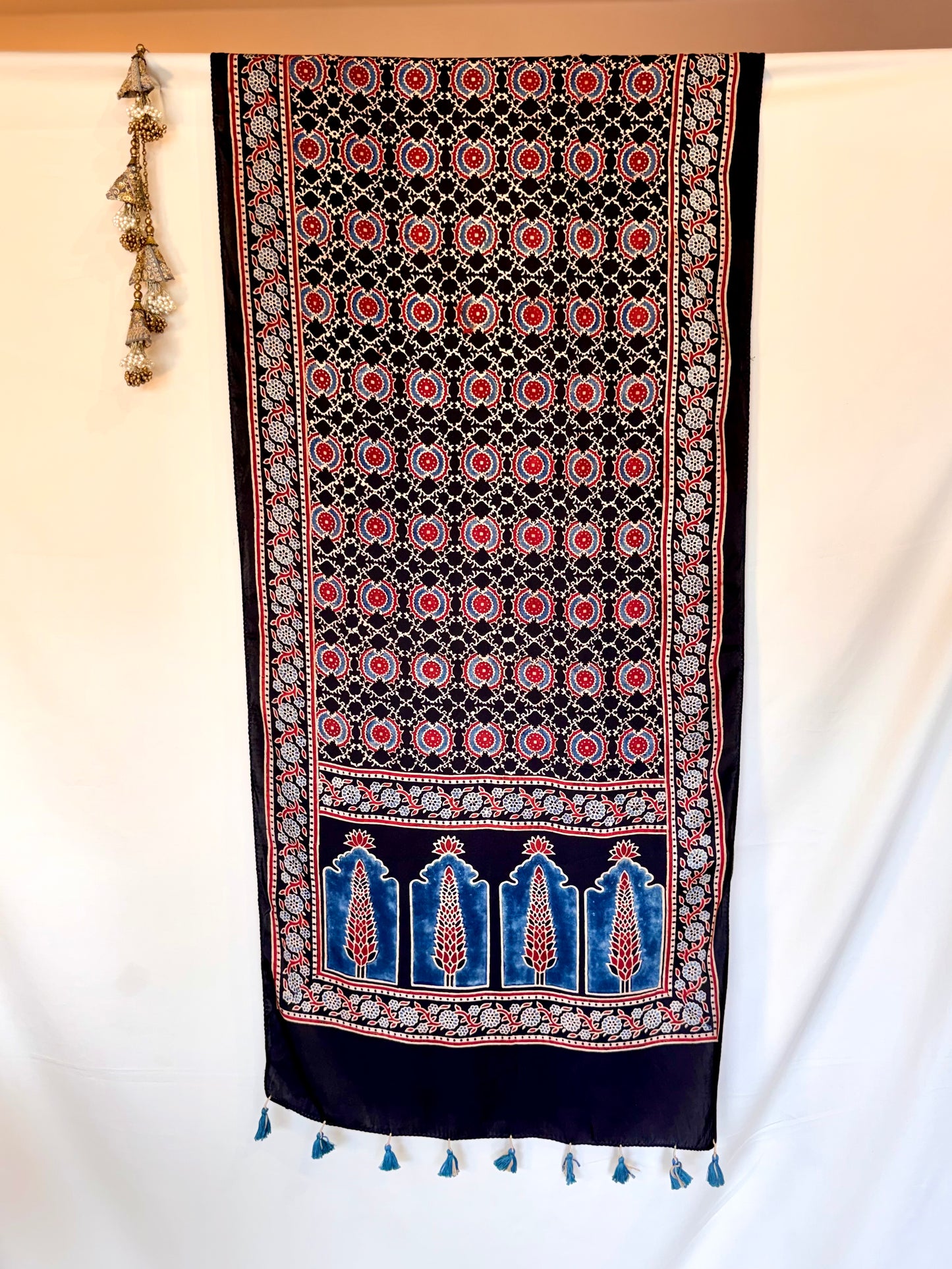 Black Red  Ajrakh Modal Silk Stole – Hand Block with Natural Dyes-LAL GOL