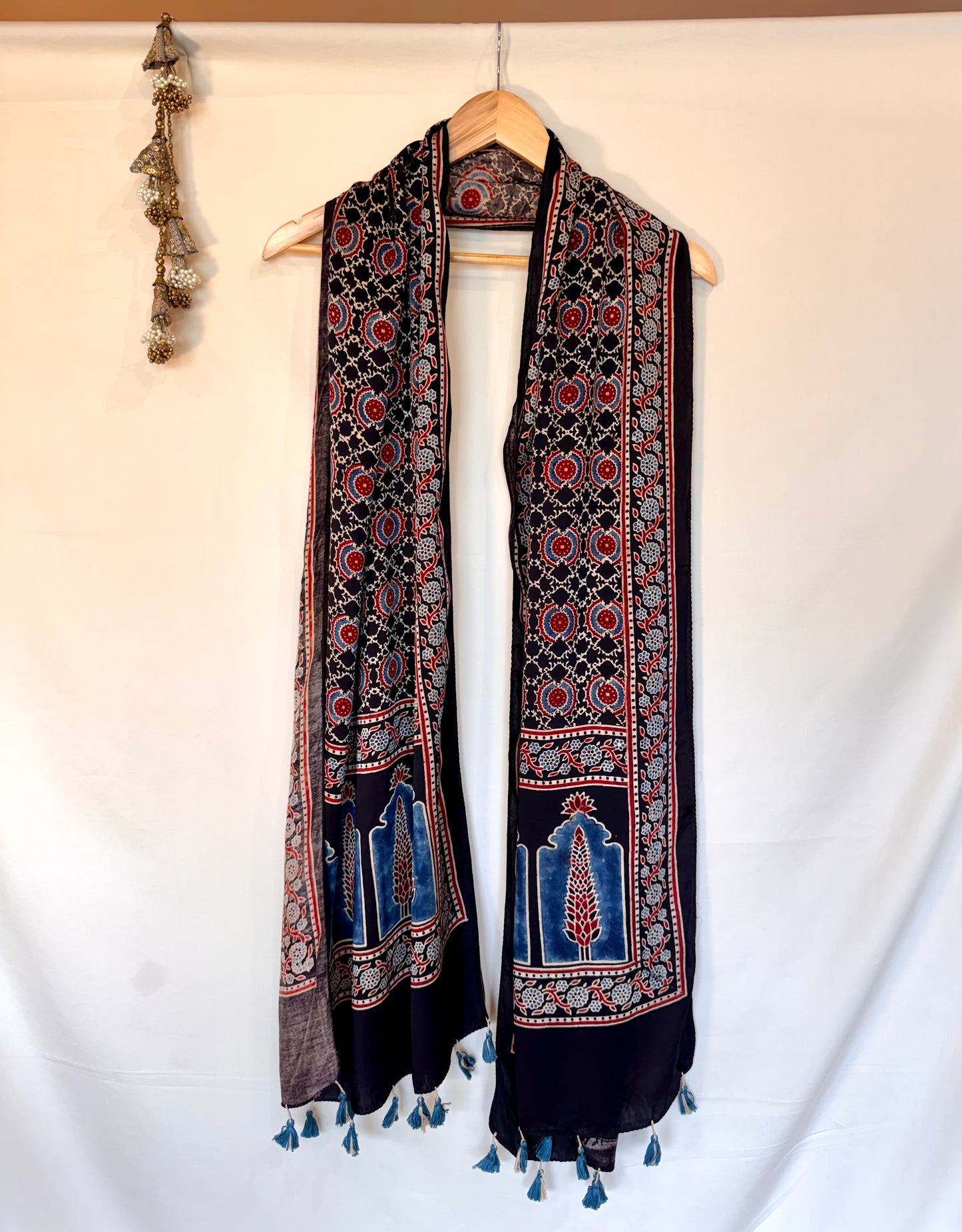 Black Red  Ajrakh Modal Silk Stole – Hand Block with Natural Dyes-LAL GOL