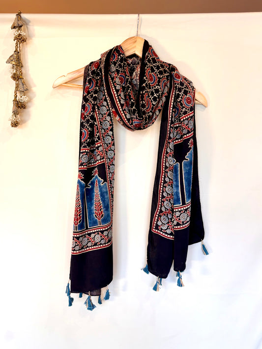 Black Red  Ajrakh Modal Silk Stole – Hand Block with Natural Dyes-LAL GOL