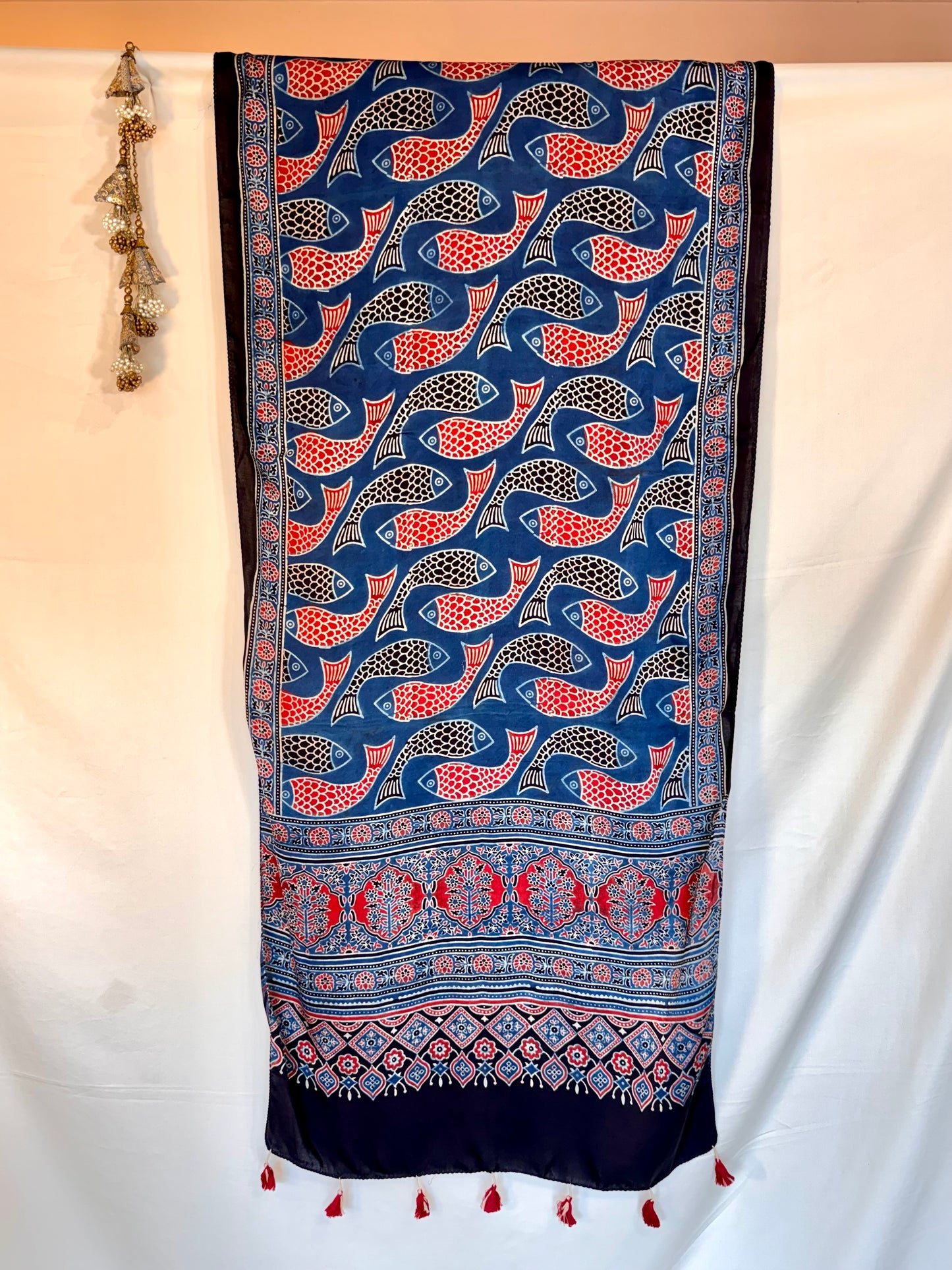 Indigo Ajrakh Modal Silk Stole – Hand Block with Natural Dyes-FISH
