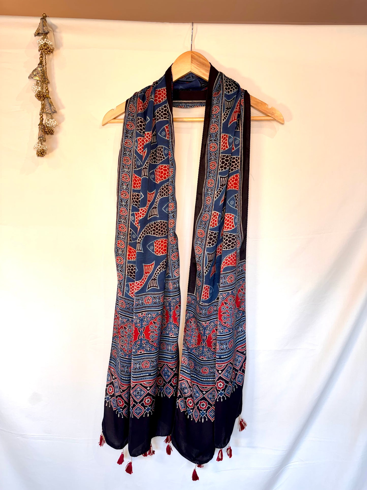 Indigo Ajrakh Modal Silk Stole – Hand Block with Natural Dyes-FISH