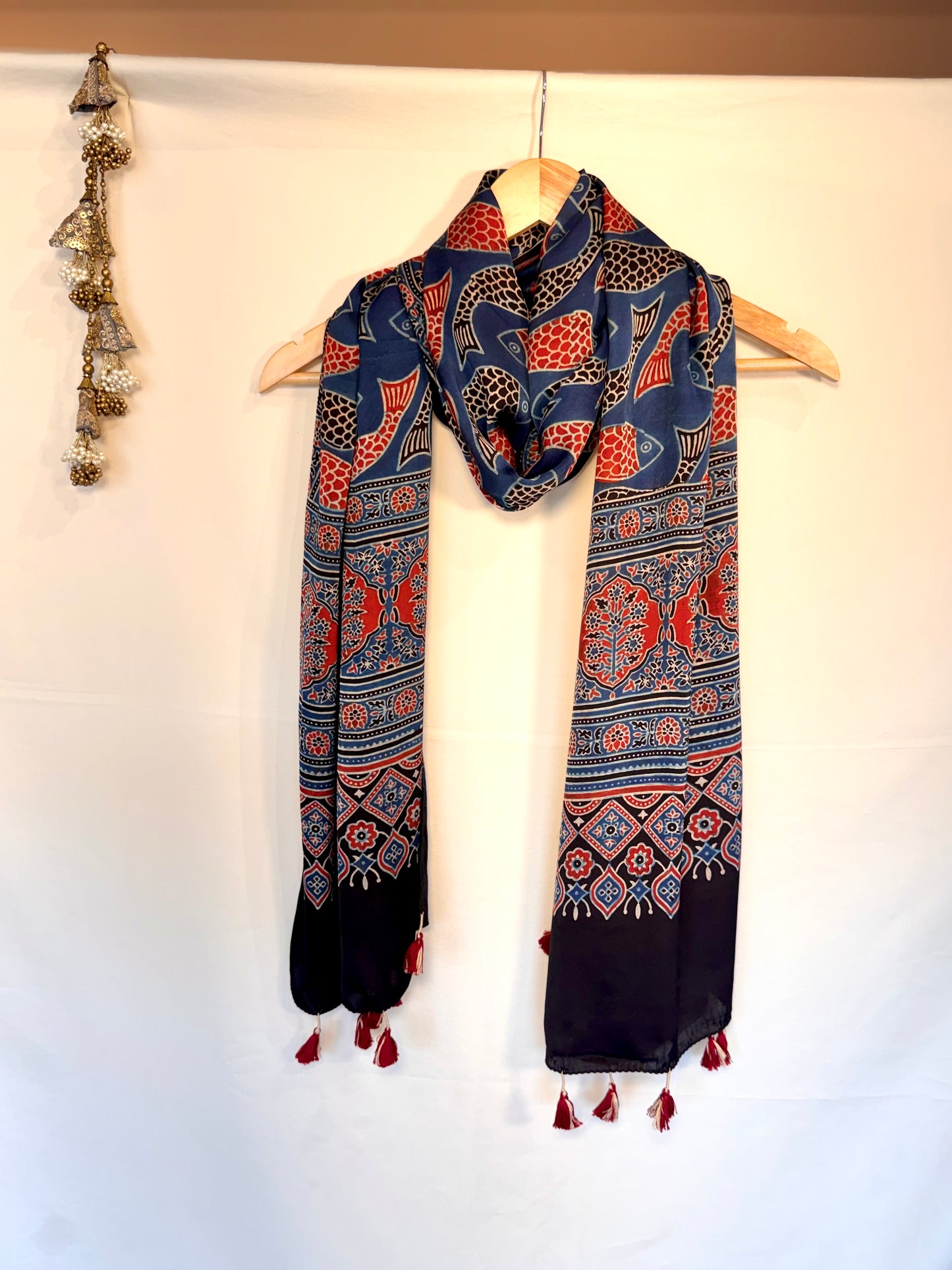 Indigo Ajrakh Modal Silk Stole – Hand Block with Natural Dyes-FISH