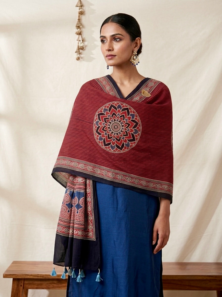 Maroon Black Ajrakh Modal Silk Stole – Hand Block with Natural Dyes-CHKR