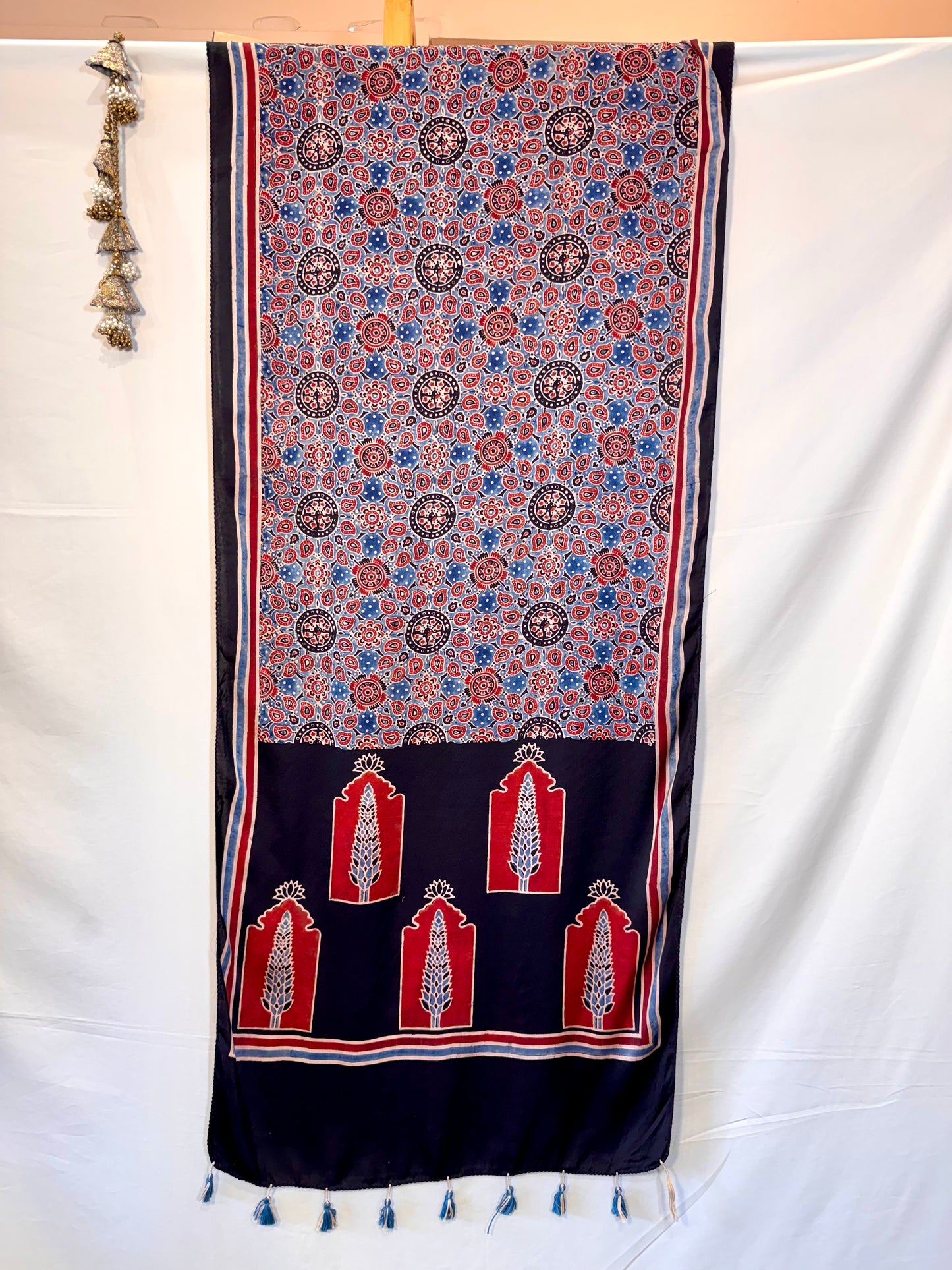 Indigo Ajrakh Modal Silk Stole – Hand Block with Natural Dyes-POORA Chand