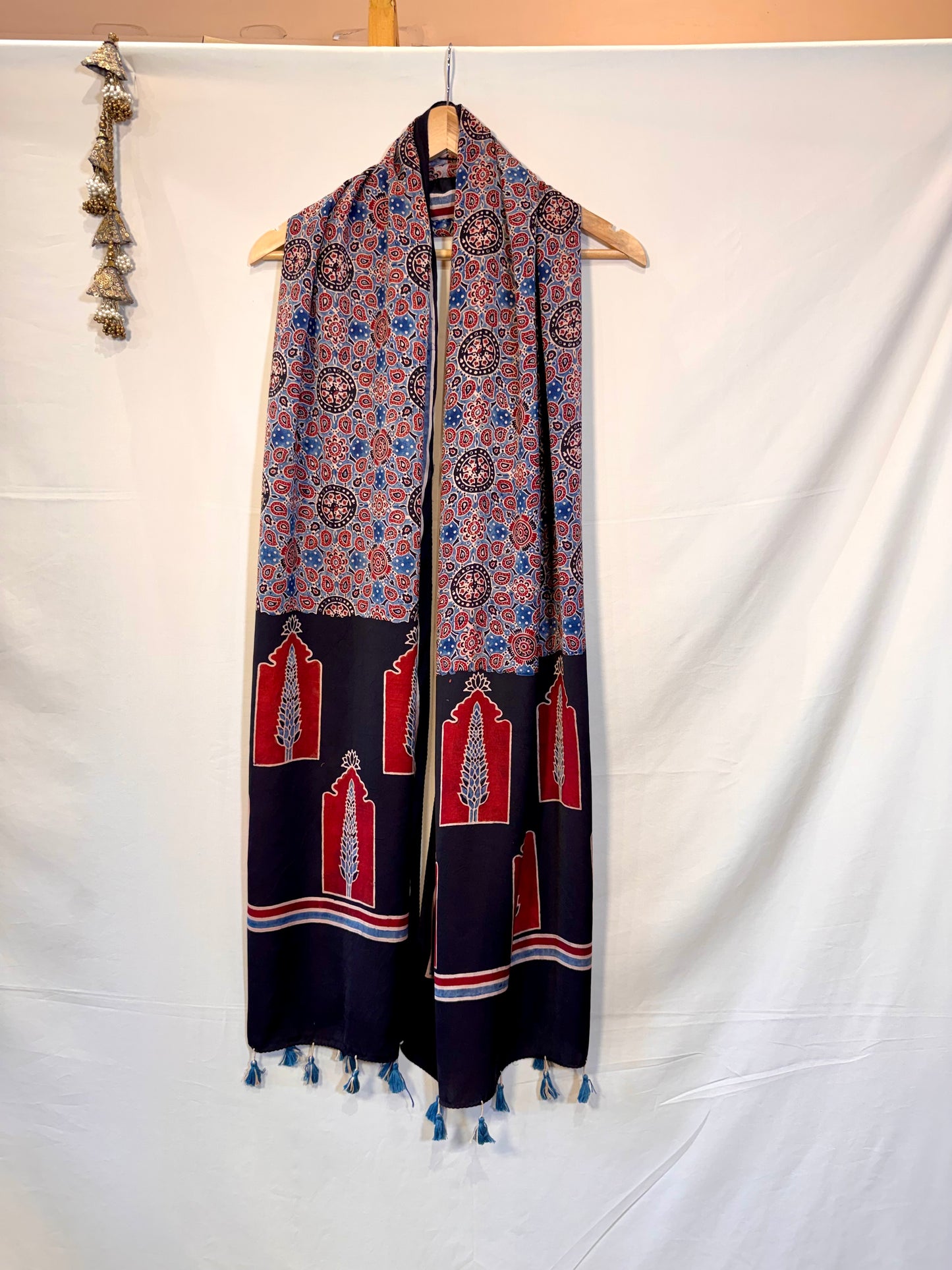 Indigo Ajrakh Modal Silk Stole – Hand Block with Natural Dyes-POORA Chand