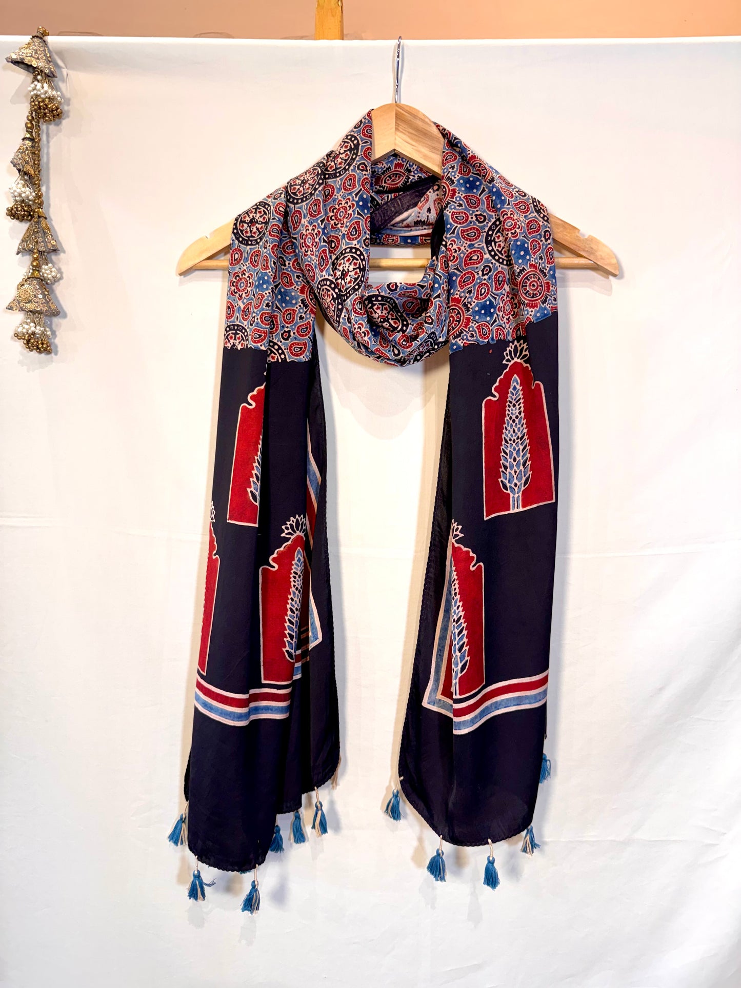 Indigo Ajrakh Modal Silk Stole – Hand Block with Natural Dyes-POORA Chand