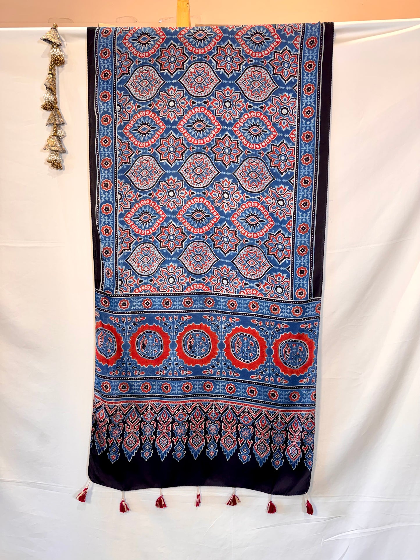 Indigo Ajrakh Modal Silk Stole – Hand Block with Natural Dyes-OVAL