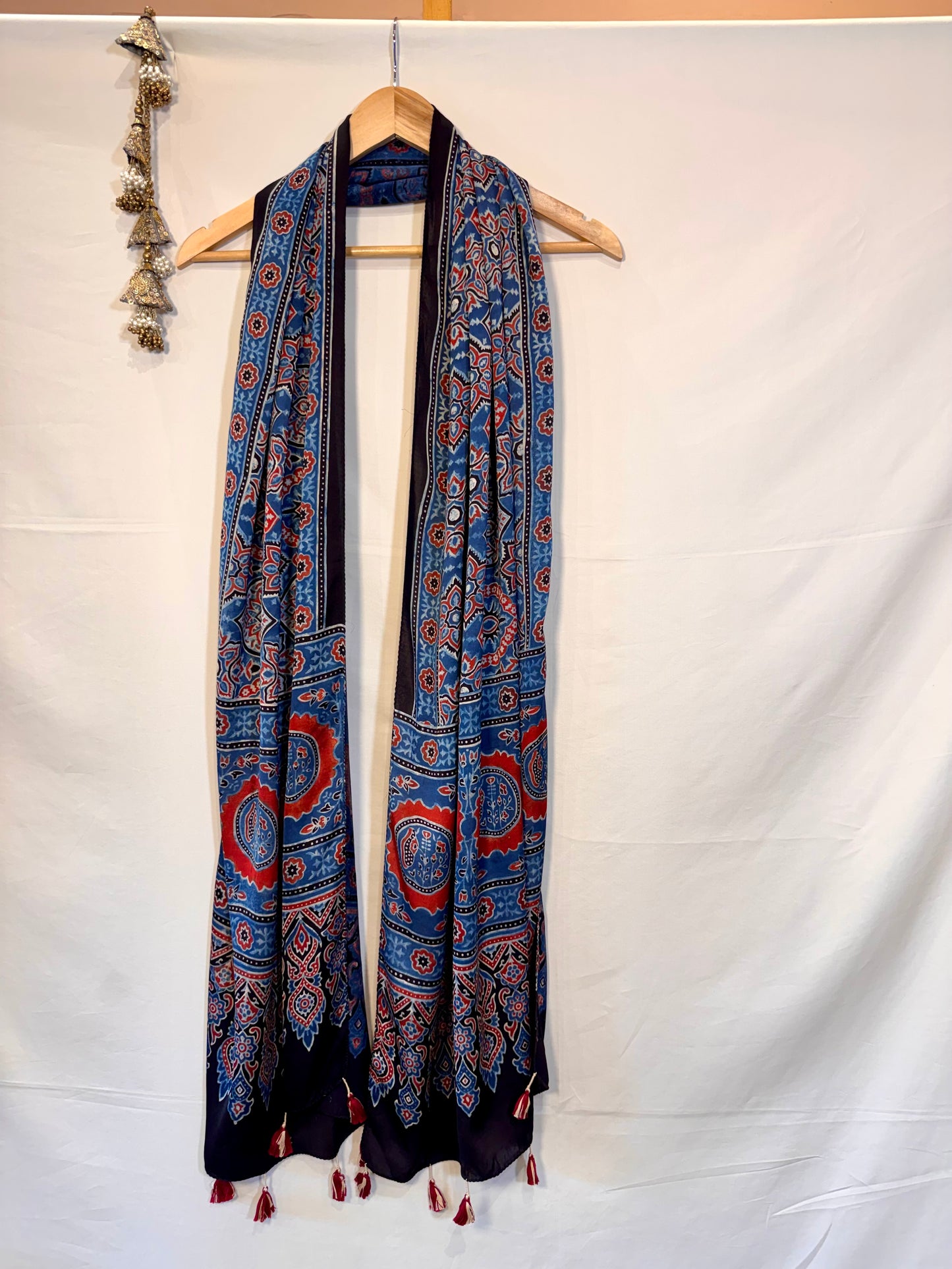 Indigo Ajrakh Modal Silk Stole – Hand Block with Natural Dyes-OVAL