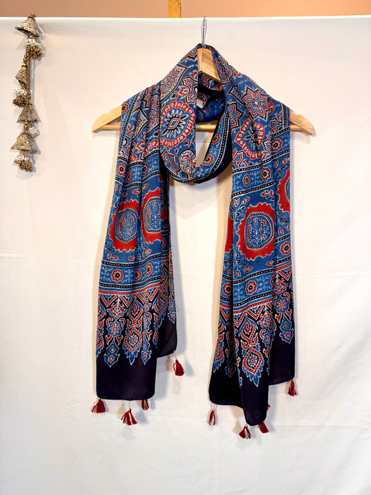 Indigo Ajrakh Modal Silk Stole – Hand Block with Natural Dyes-OVAL