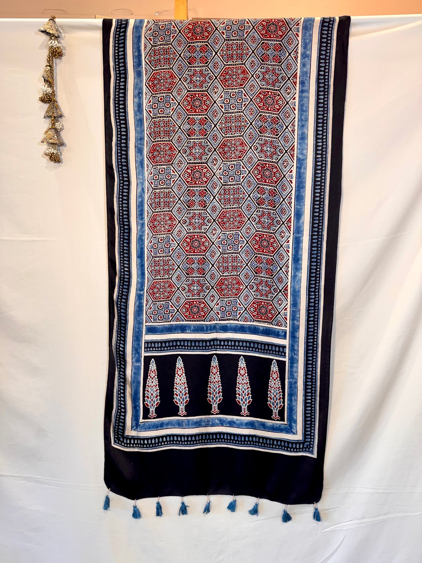 Indigo Ajrakh Modal Silk Stole – Hand Block with Natural Dyes-HEXA