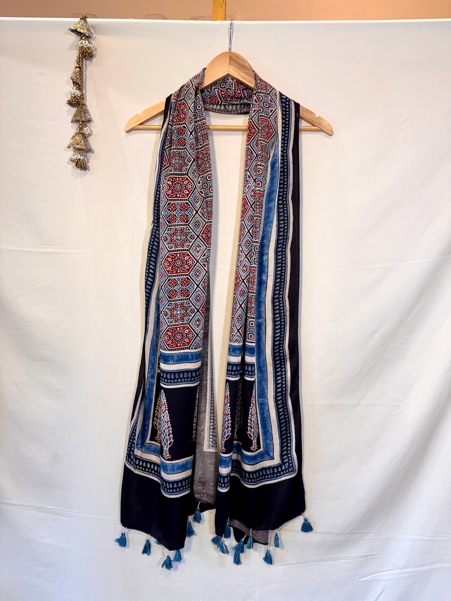 Indigo Ajrakh Modal Silk Stole – Hand Block with Natural Dyes-HEXA