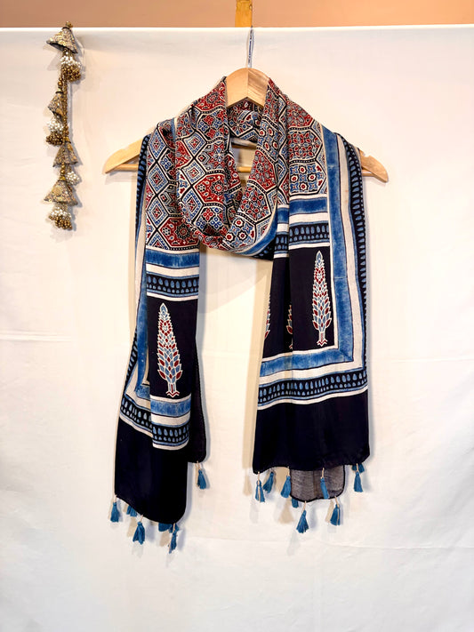 Indigo Ajrakh Modal Silk Stole – Hand Block with Natural Dyes-HEXA