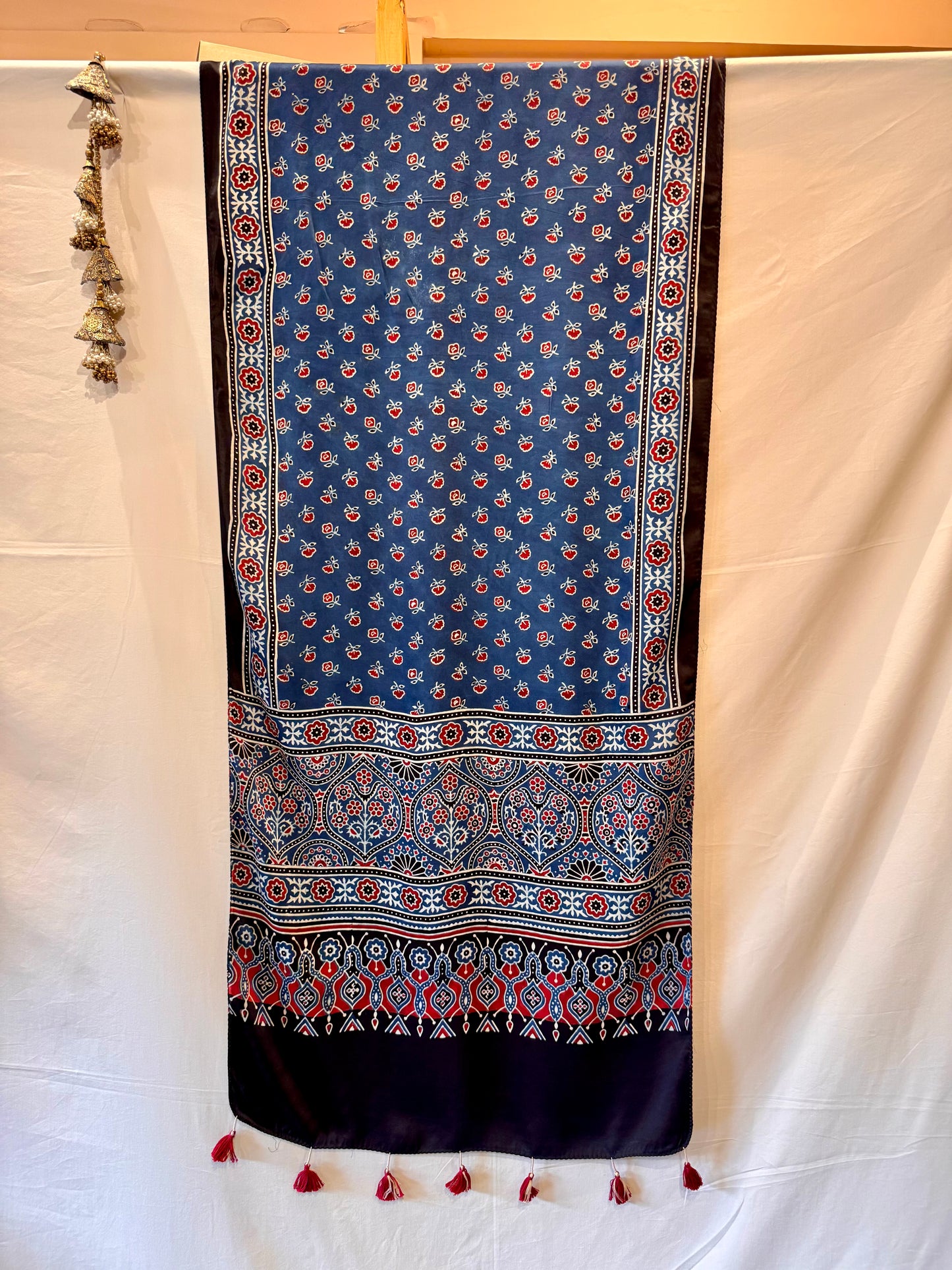 Indigo  Ajrakh Modal Silk Stole – Hand Block with Natural Dyes-LAL PHOOL