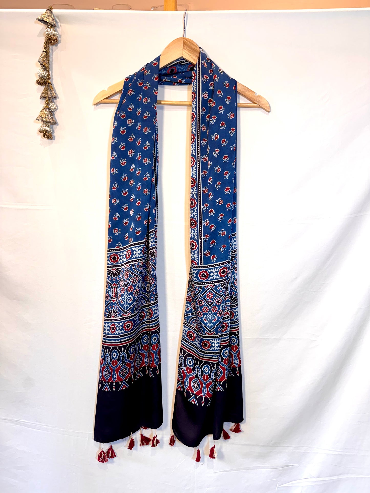 Indigo  Ajrakh Modal Silk Stole – Hand Block with Natural Dyes-LAL PHOOL