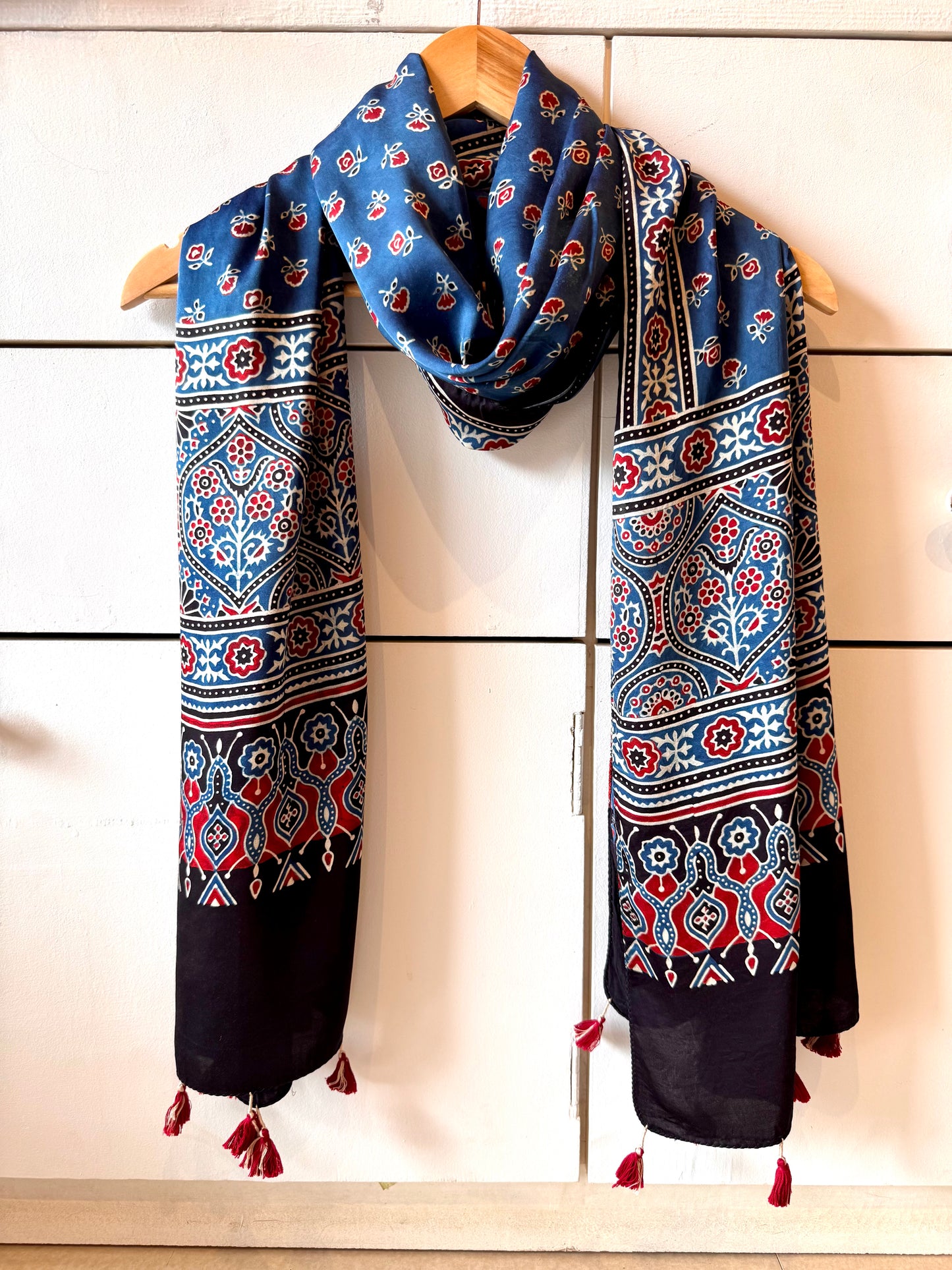 Indigo  Ajrakh Modal Silk Stole – Hand Block with Natural Dyes-LAL PHOOL