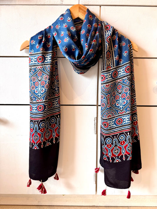 Indigo  Ajrakh Modal Silk Stole – Hand Block with Natural Dyes-LAL PHOOL