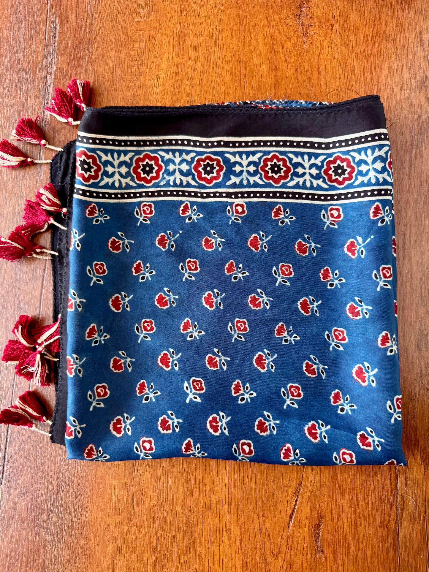 Indigo  Ajrakh Modal Silk Stole – Hand Block with Natural Dyes-LAL PHOOL