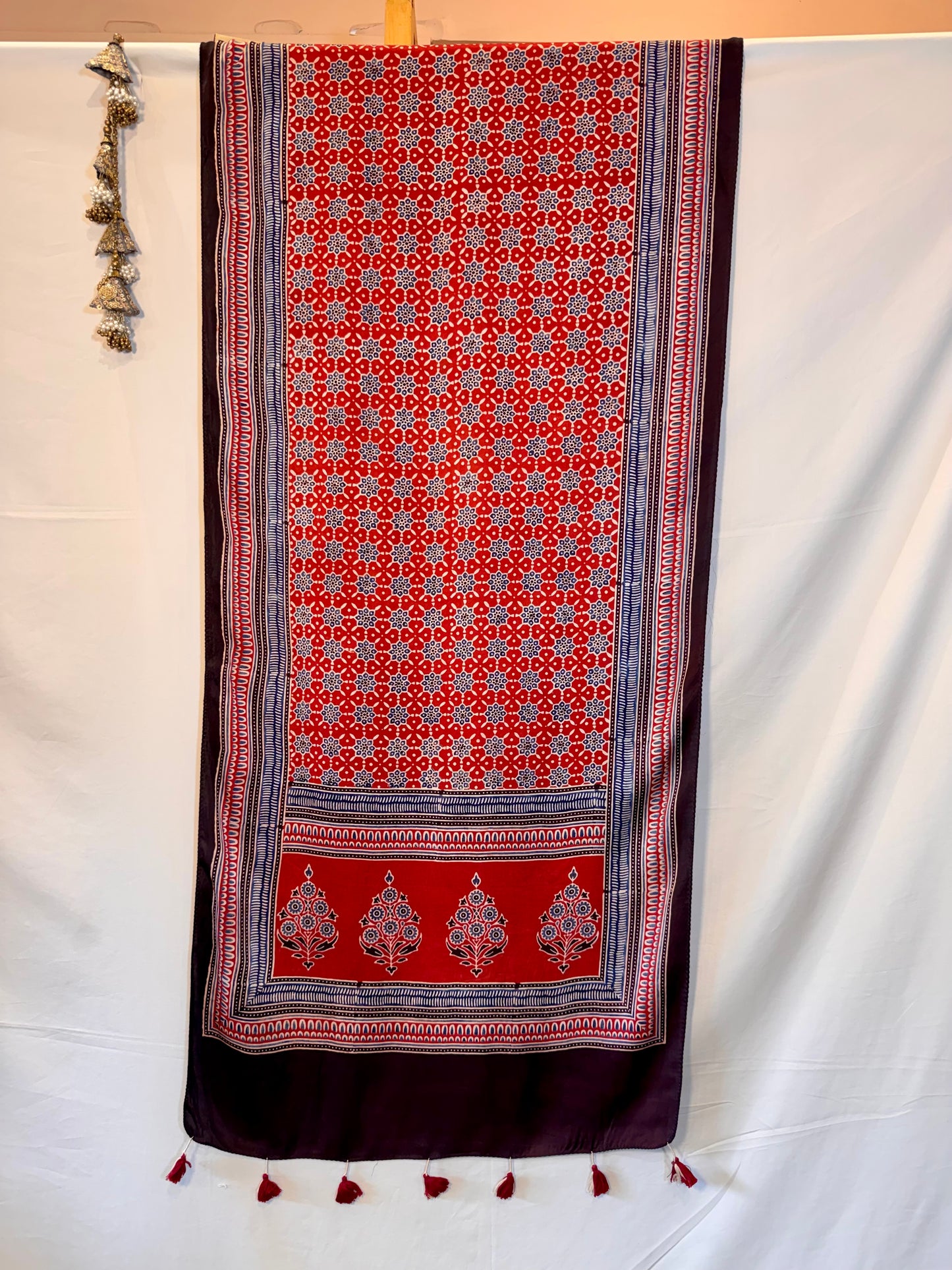 Red Ajrakh Modal Silk Stole – Hand Block with Natural Dyes-LAL PATTE