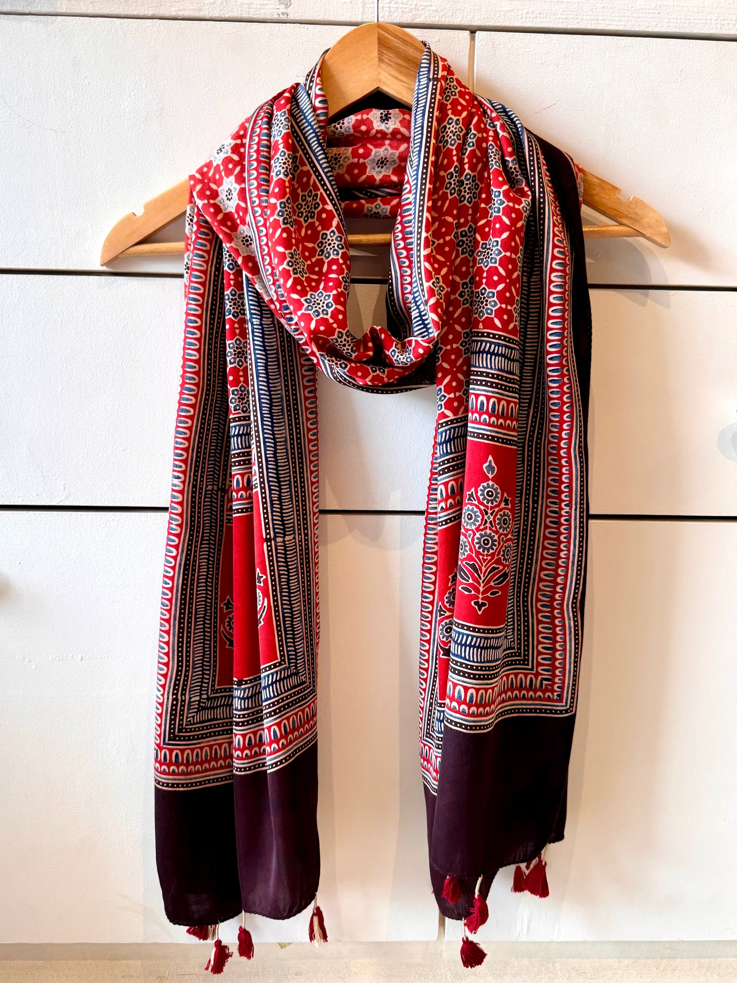 Red Ajrakh Modal Silk Stole – Hand Block with Natural Dyes-LAL PATTE