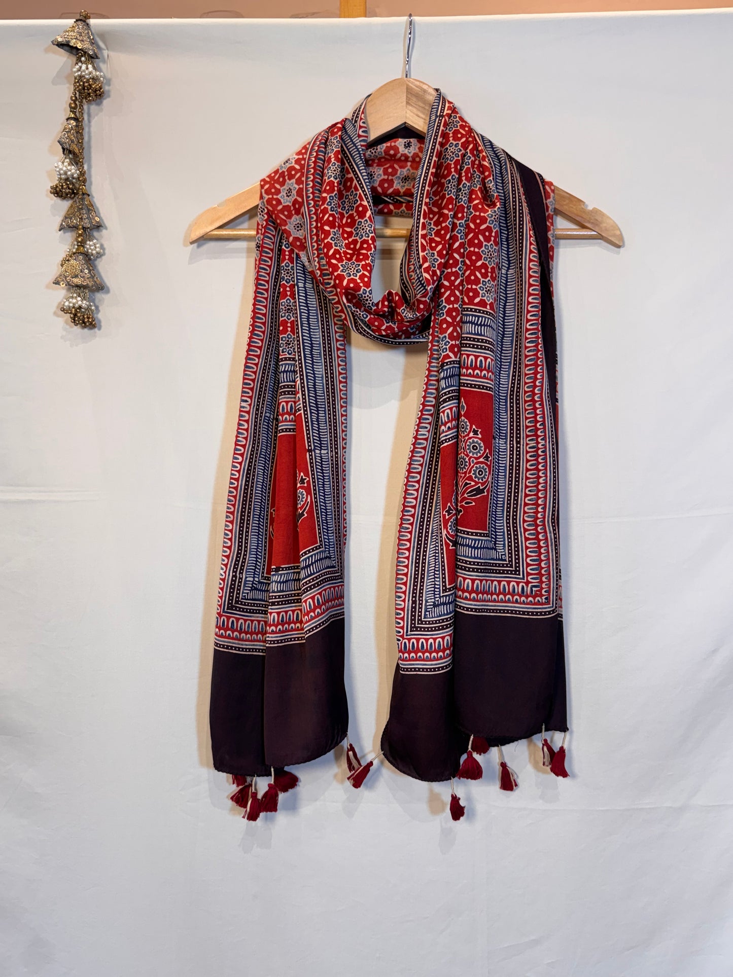 Red Ajrakh Modal Silk Stole – Hand Block with Natural Dyes-LAL PATTE