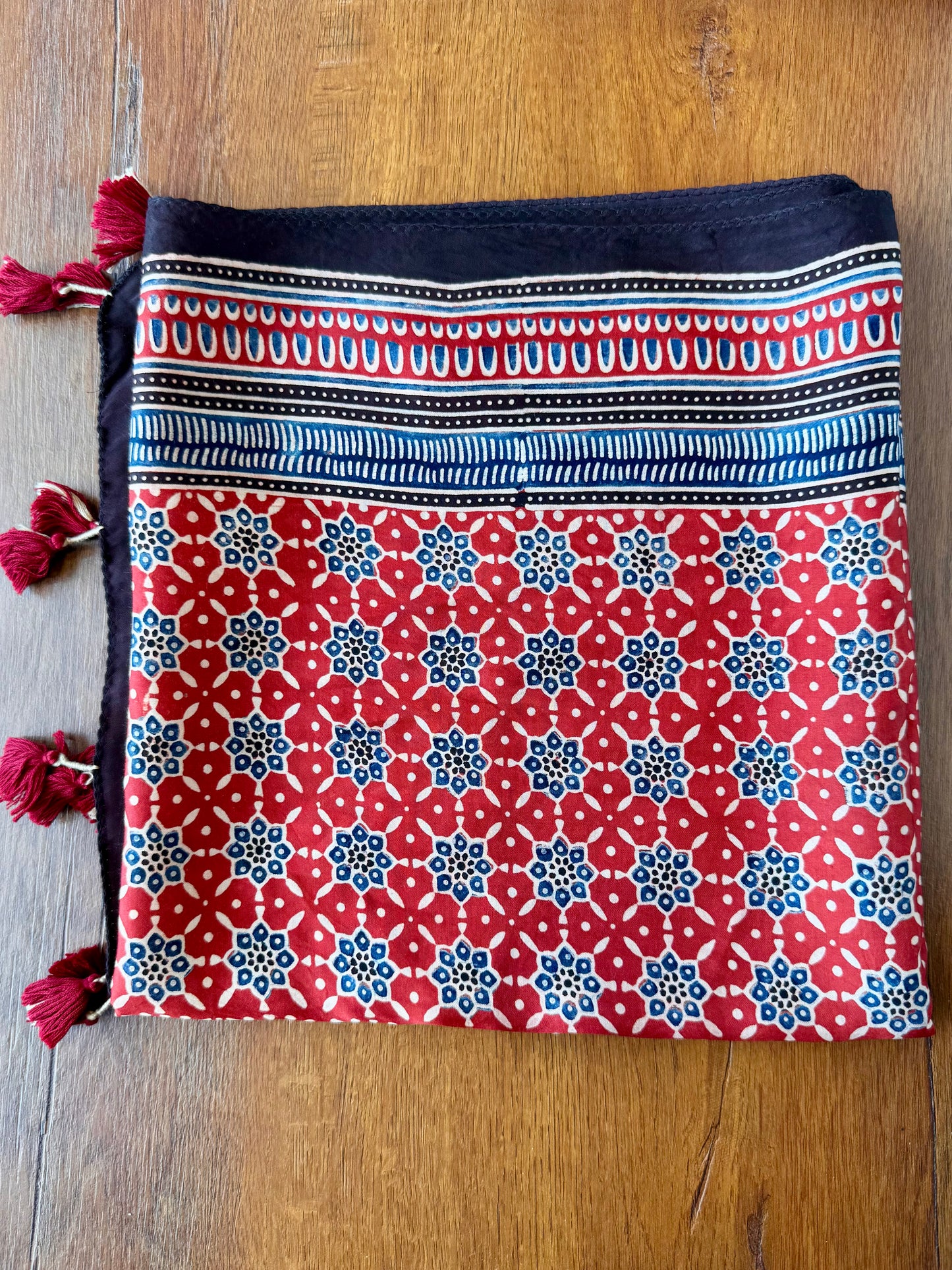 Red Ajrakh Modal Silk Stole – Hand Block with Natural Dyes-LAL PATTE