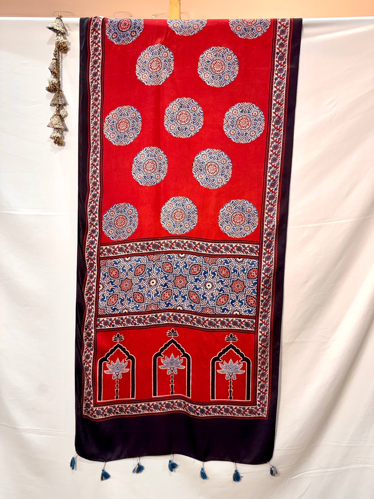 Red Ajrakh Modal Silk Stole – Hand Block with Natural Dyes-POORA Chand